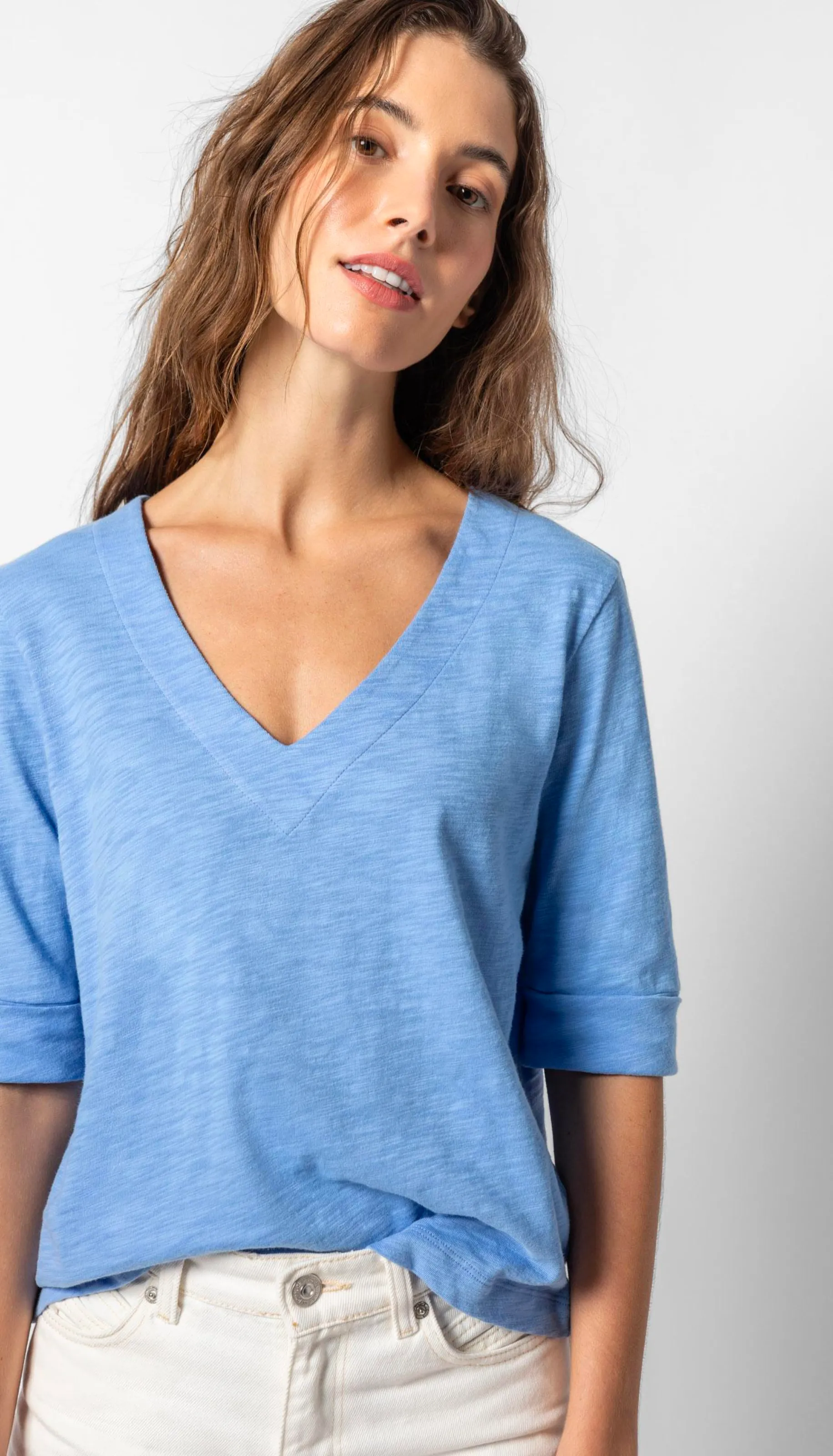 Cuffed Elbow Sleeve V Neck