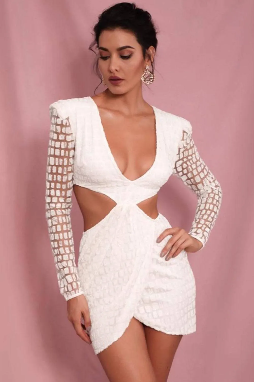 Cut Out Glitter Slim Fit Mini Dress - White