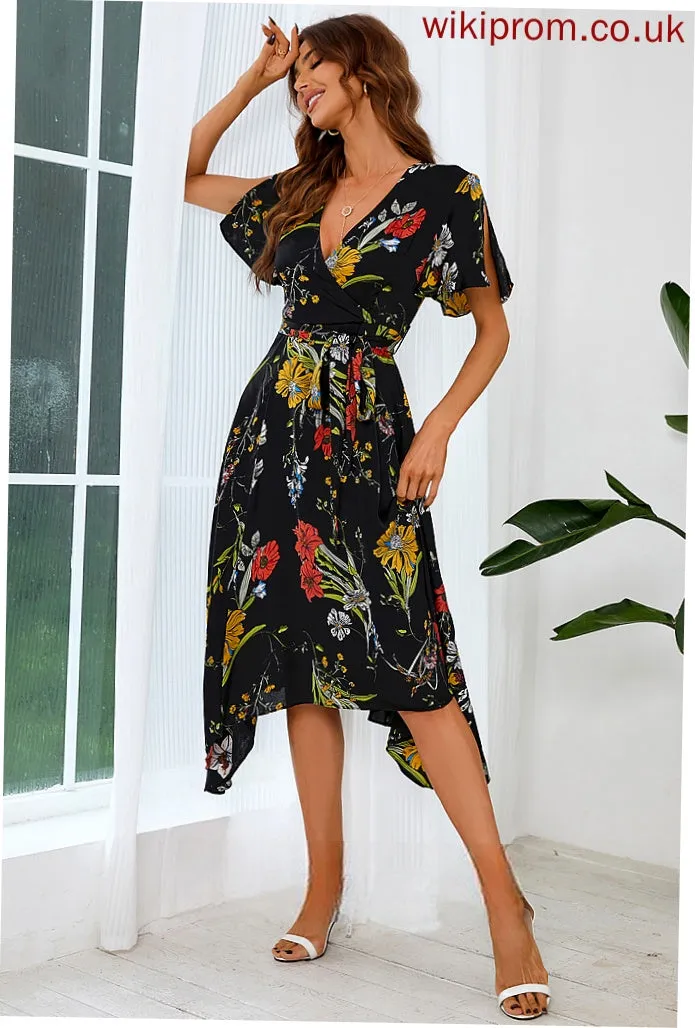 Dresses Short Janelle Elegant A-line Club Dresses V-Neck Sleeves Asymmetrical Satin