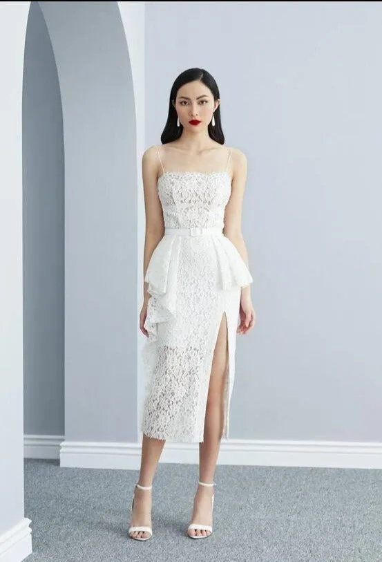 ELEGANT SPAGHETTI NORA LACE MIDI DRESS- Loria
