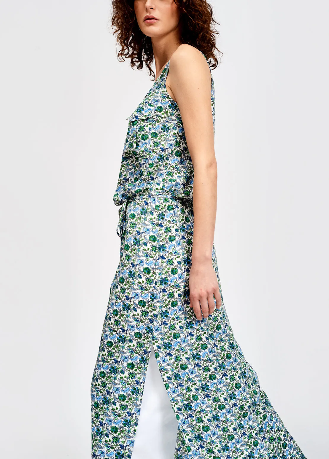 Floral print sleeveless maxi dress with rhinestones