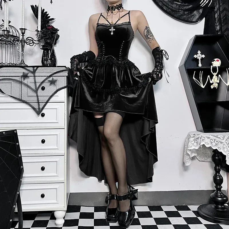 Girlary Velvet Cocktail Bodycon Party Dress Vestidos Vintage Elegant Sleeveless Bandage Lace Trim Lolita Mini Dress Women Halloween