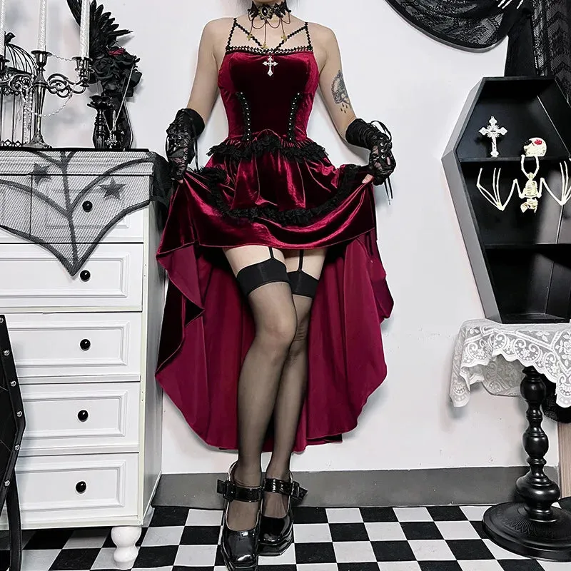Girlary Velvet Cocktail Bodycon Party Dress Vestidos Vintage Elegant Sleeveless Bandage Lace Trim Lolita Mini Dress Women Halloween
