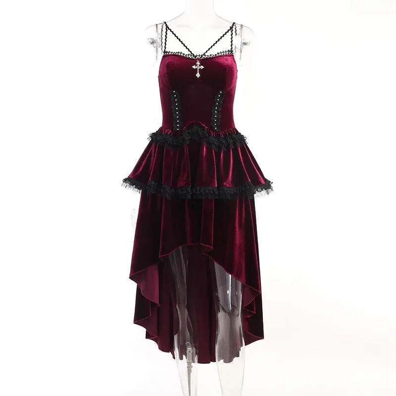 Girlary Velvet Cocktail Bodycon Party Dress Vestidos Vintage Elegant Sleeveless Bandage Lace Trim Lolita Mini Dress Women Halloween