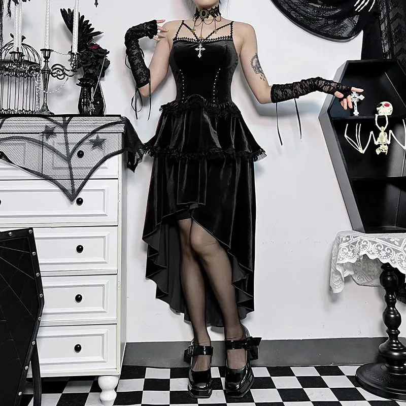 Girlary Velvet Cocktail Bodycon Party Dress Vestidos Vintage Elegant Sleeveless Bandage Lace Trim Lolita Mini Dress Women Halloween