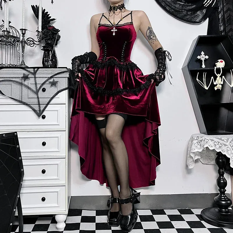 Girlary Velvet Cocktail Bodycon Party Dress Vestidos Vintage Elegant Sleeveless Bandage Lace Trim Lolita Mini Dress Women Halloween