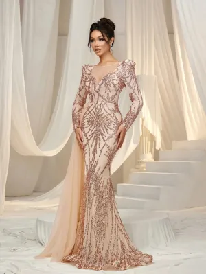 Gorgeous Graphic Sequin Sheer Overlay Mermaid Hem Evening Dress