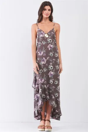 Grey Multi Floral Print Sleeveless V-Neck Asymmetrical Wrap Ruffle Trim Maxi Dress /2-2-1-1