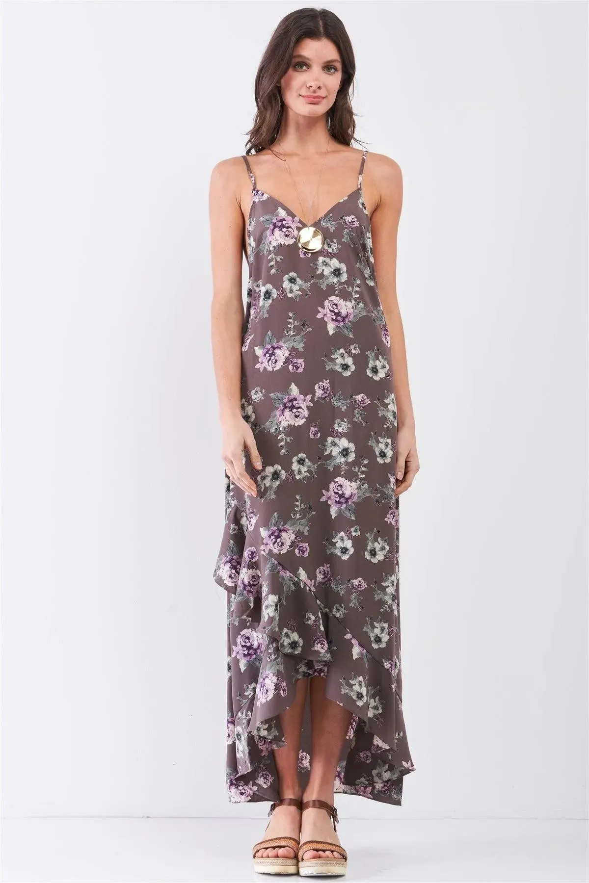 Grey Multi Floral Print Sleeveless V-Neck Asymmetrical Wrap Ruffle Trim Maxi Dress /2-2-1-1