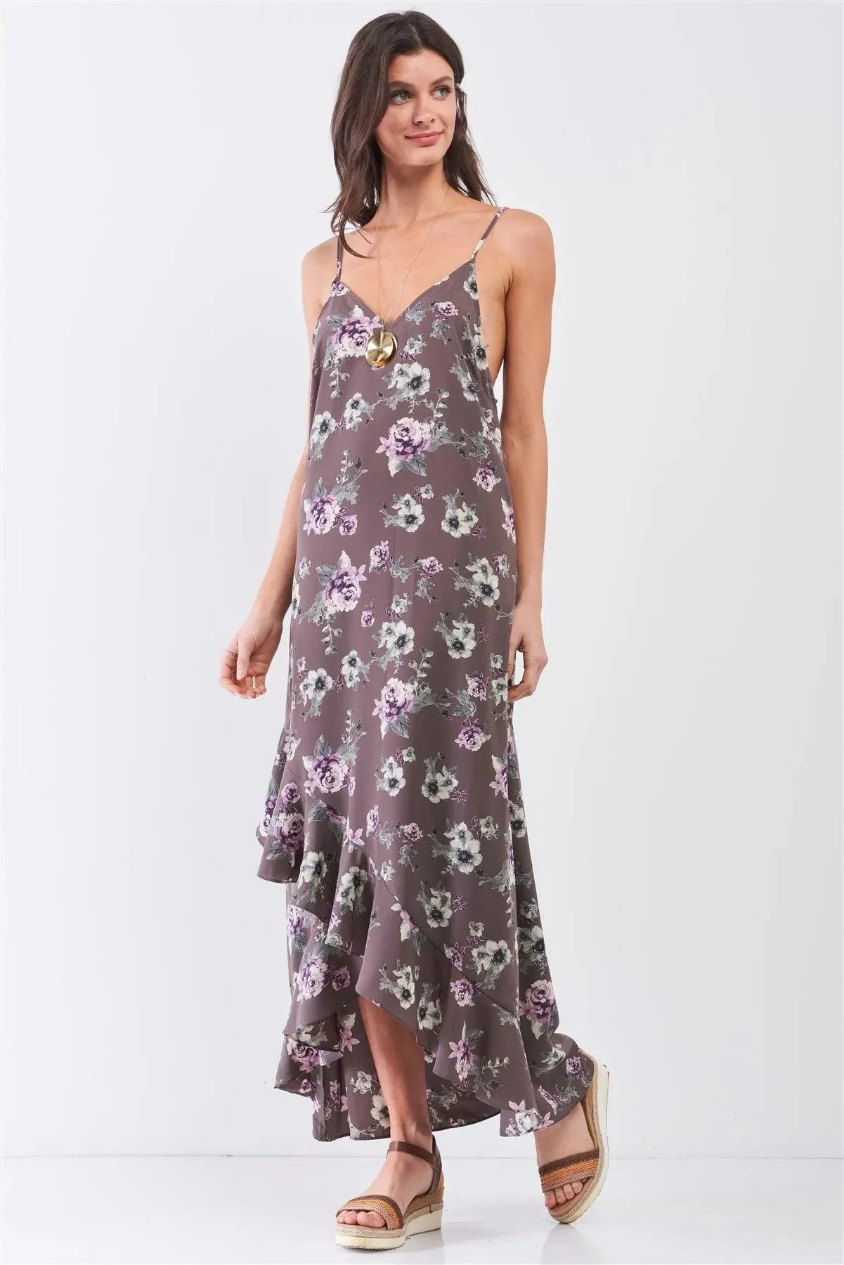 Grey Multi Floral Print Sleeveless V-Neck Asymmetrical Wrap Ruffle Trim Maxi Dress /2-2-1-1