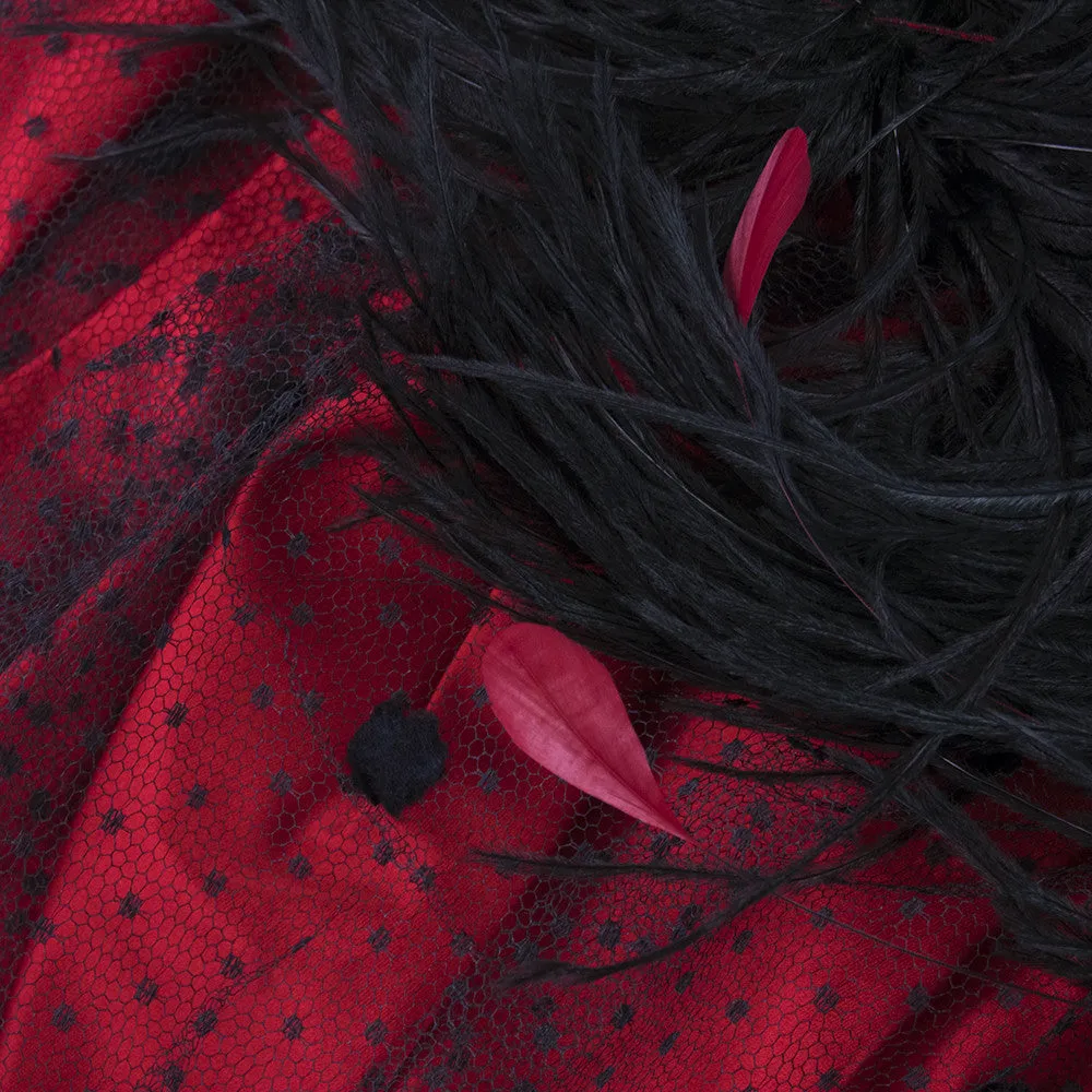 Guy Laroche Couture 1980's Black Velvet Red Satin Polka Dot Net Lace Feather Dress