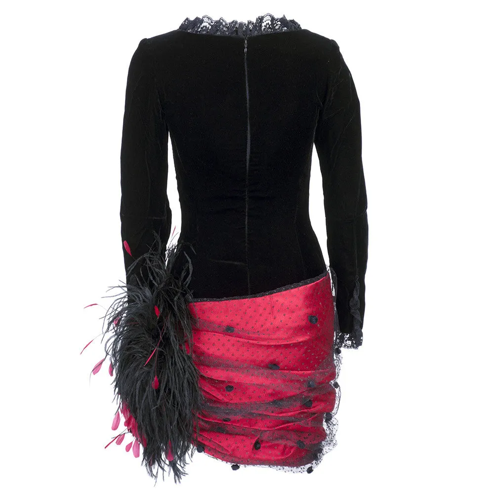 Guy Laroche Couture 1980's Black Velvet Red Satin Polka Dot Net Lace Feather Dress