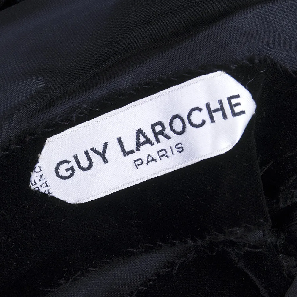 Guy Laroche Couture 1980's Black Velvet Red Satin Polka Dot Net Lace Feather Dress