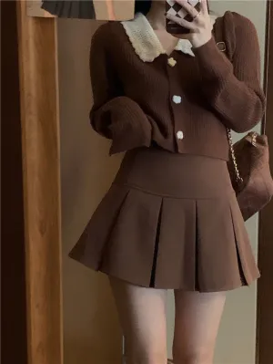 High Waist A-Line Brown Pleated Skirt