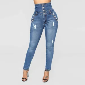 High-Waisted Four-Breasted Stretch-Fit Denim Trousers Wholesale Womens Clothing N3823120600150
