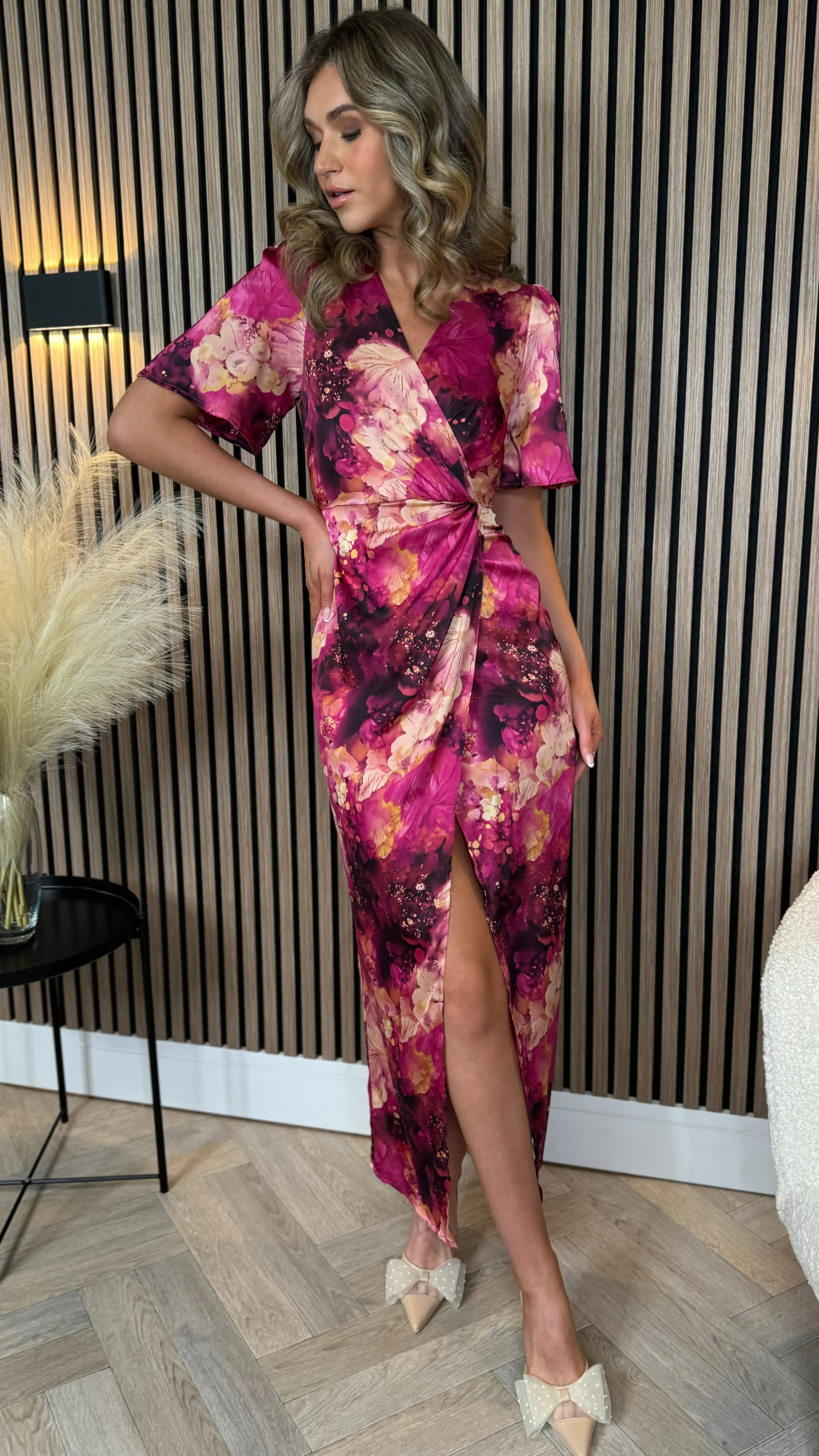 Idalia Pink Floral Wrap Front Angel sleeve Maxi Dress