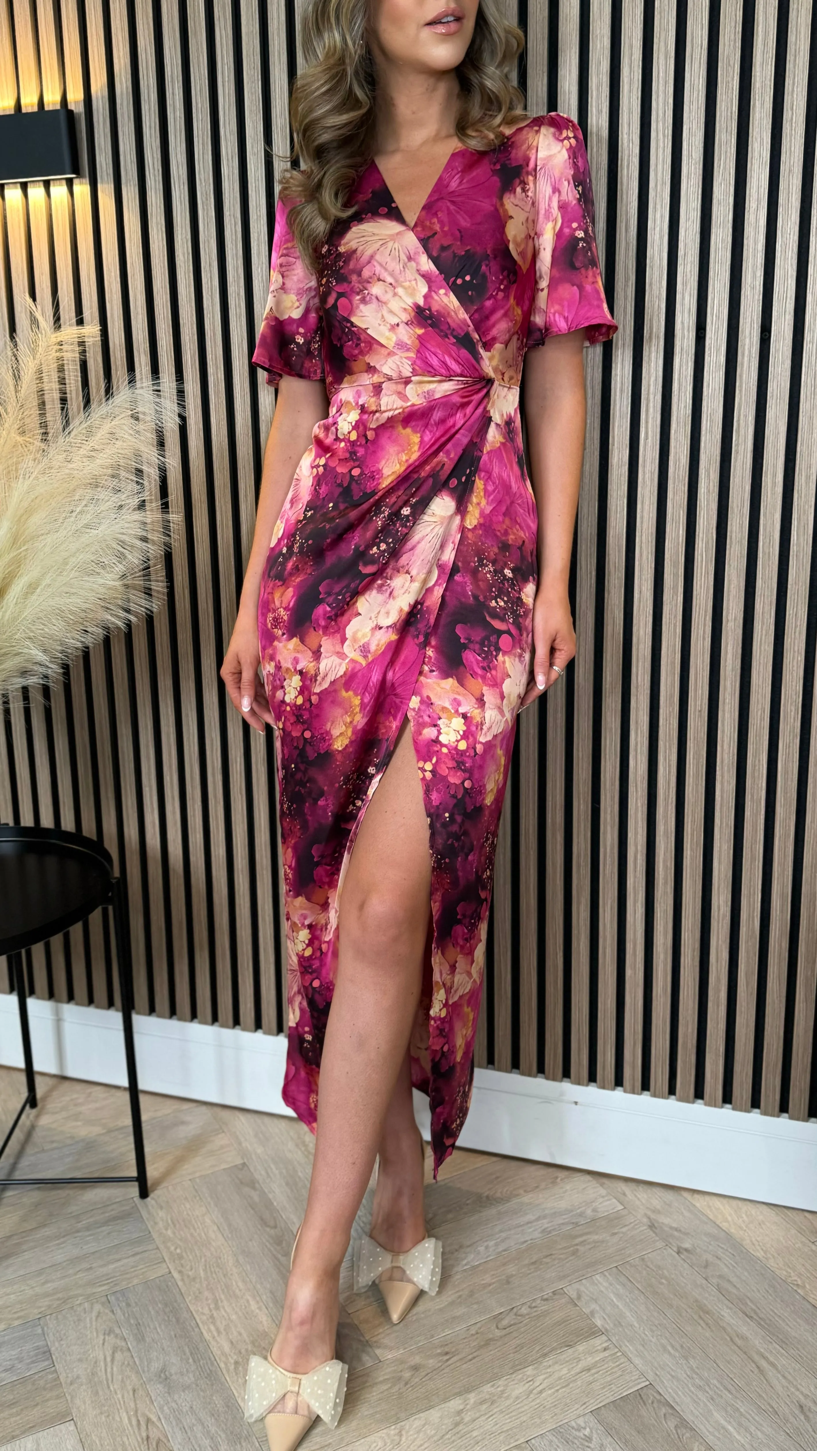 Idalia Pink Floral Wrap Front Angel sleeve Maxi Dress
