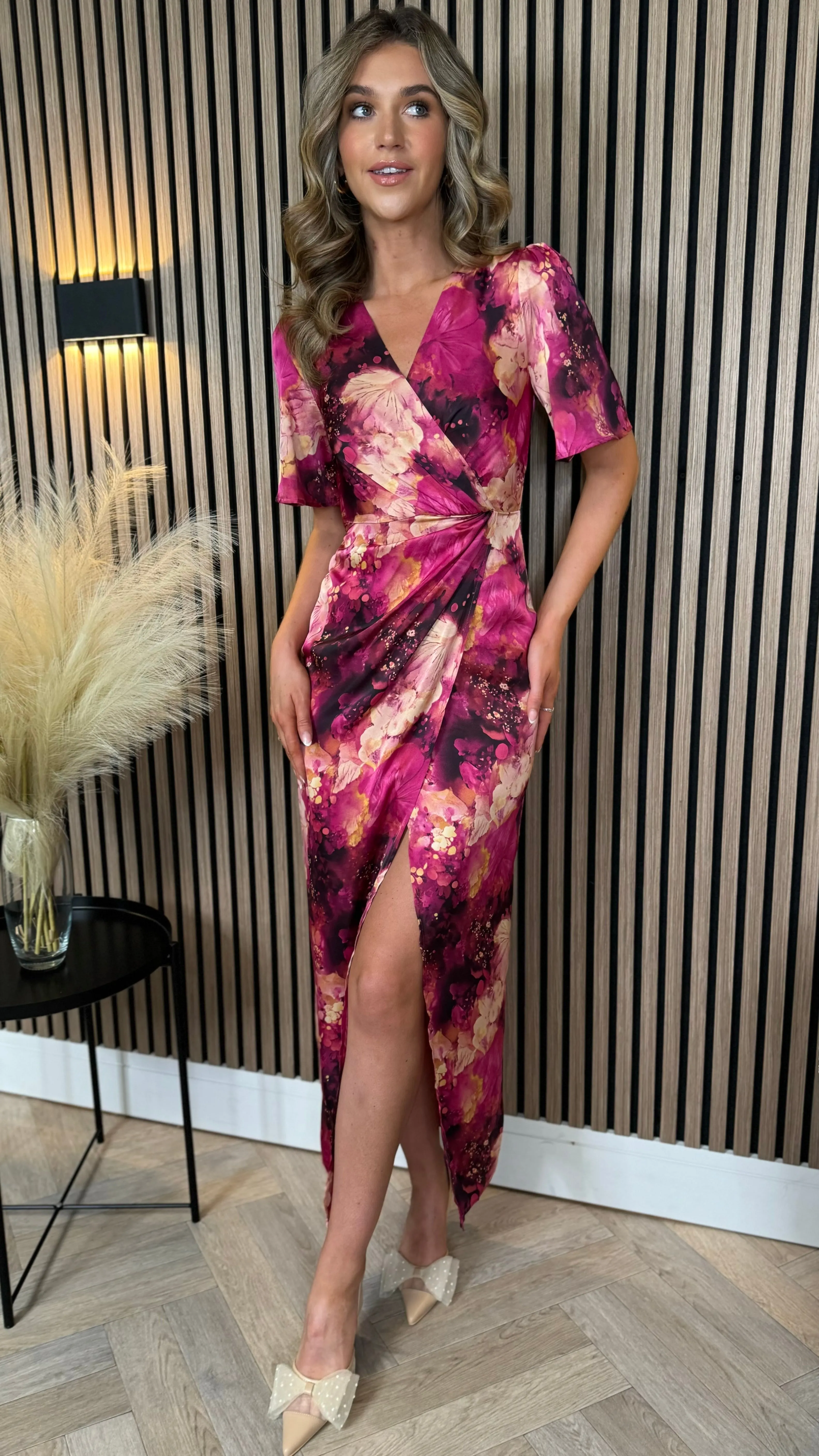 Idalia Pink Floral Wrap Front Angel sleeve Maxi Dress