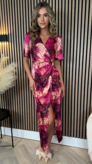 Idalia Pink Floral Wrap Front Angel sleeve Maxi Dress
