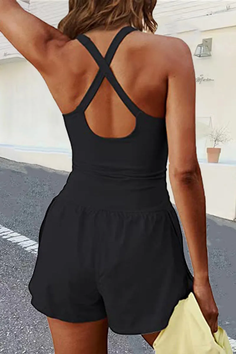 JD1096 Solid Cutout Tank Romper