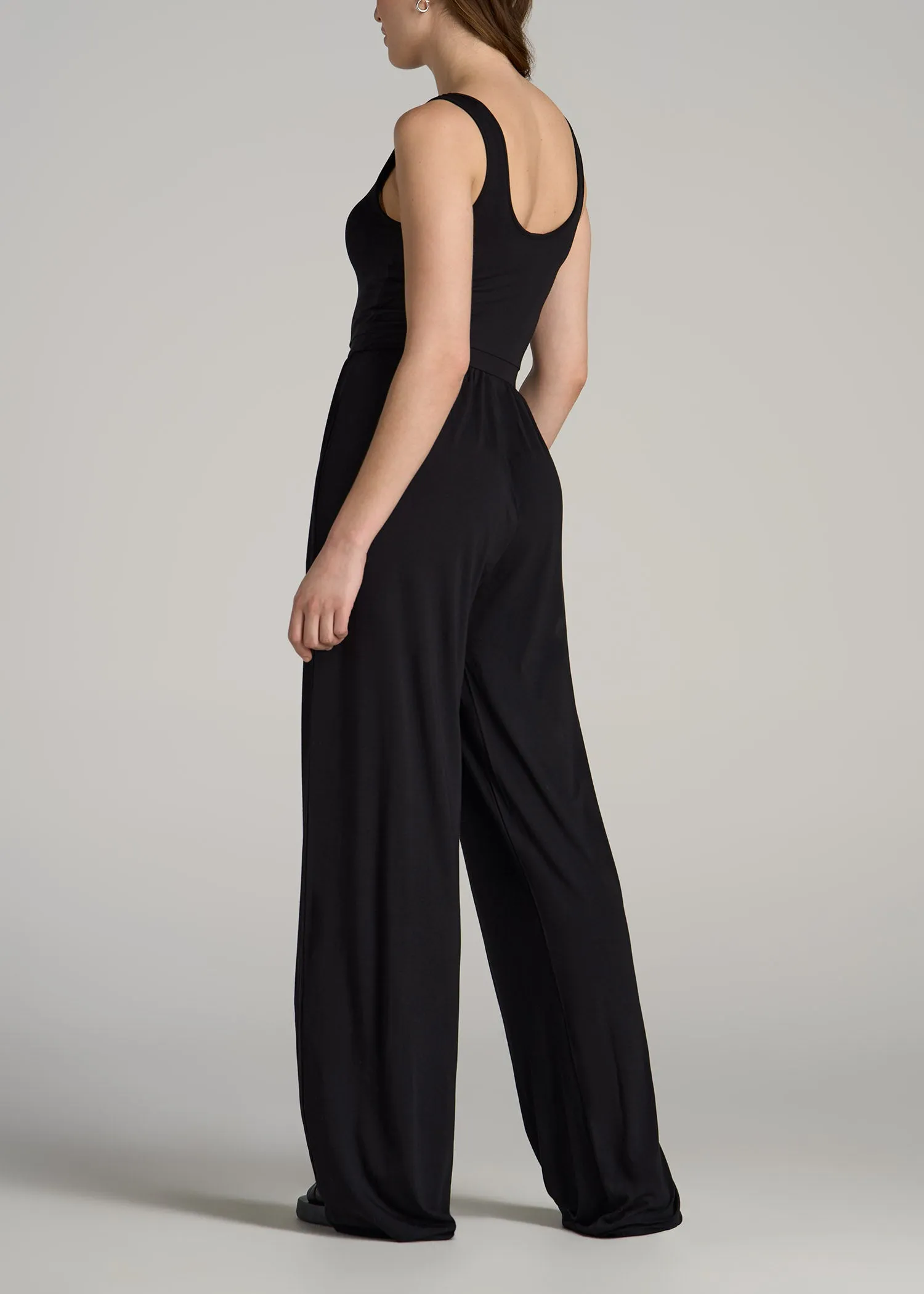 Jersey Tank Wide Leg Tall Women's Jumpsuit with Pockets in Black