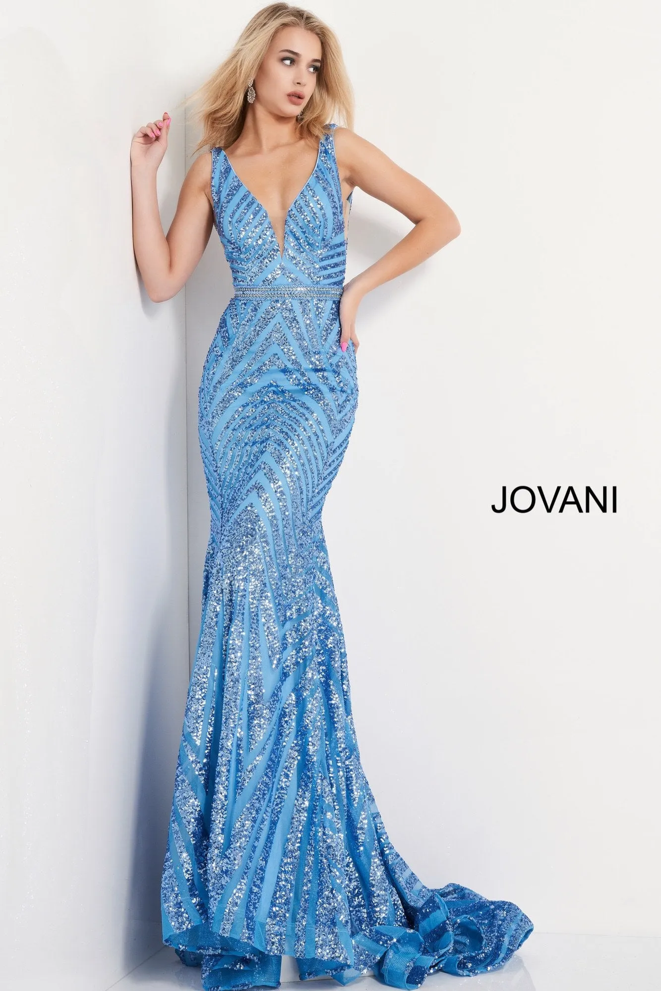 Jovani 03570 Long Fitted Sequin Mermaid Formal Prom Dress V Neck Pageant Gown