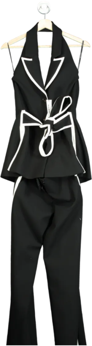 Karen Millen Black Contrast Tipped Belted Wide Leg Tailored Jumpsuit UK 10