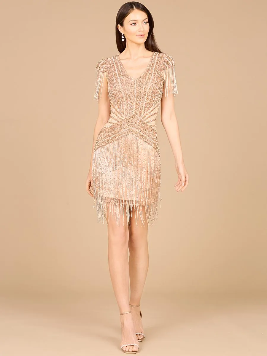 Lara Beaded Fringe Short Dress with Cap Sleeves 29123