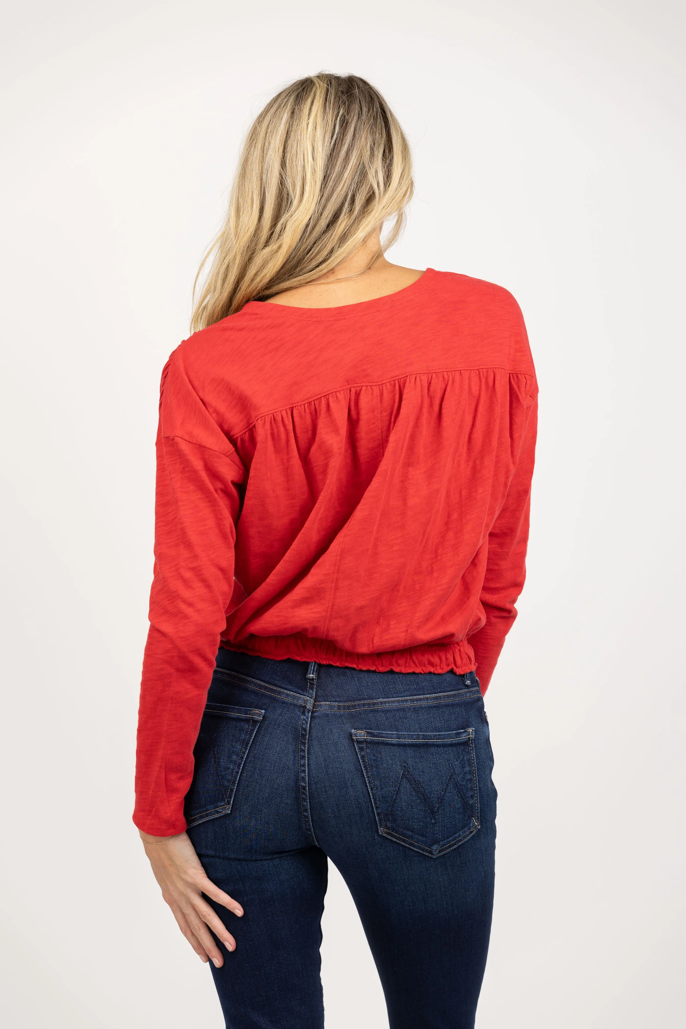 Lilla P. Elastic Hem V-neck Top in Cinnabar