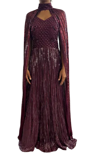 Maroon Fully Sequined & Beaded Cape  Gown