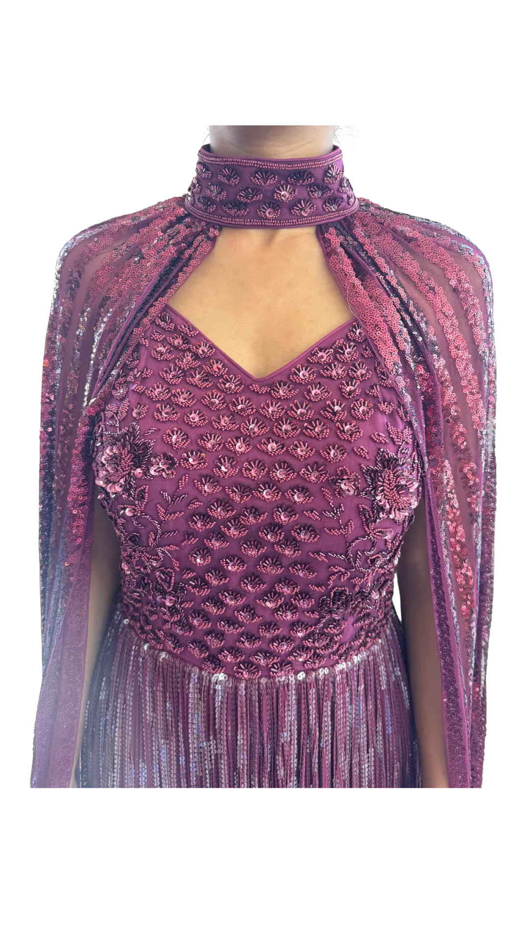 Maroon Fully Sequined & Beaded Cape  Gown