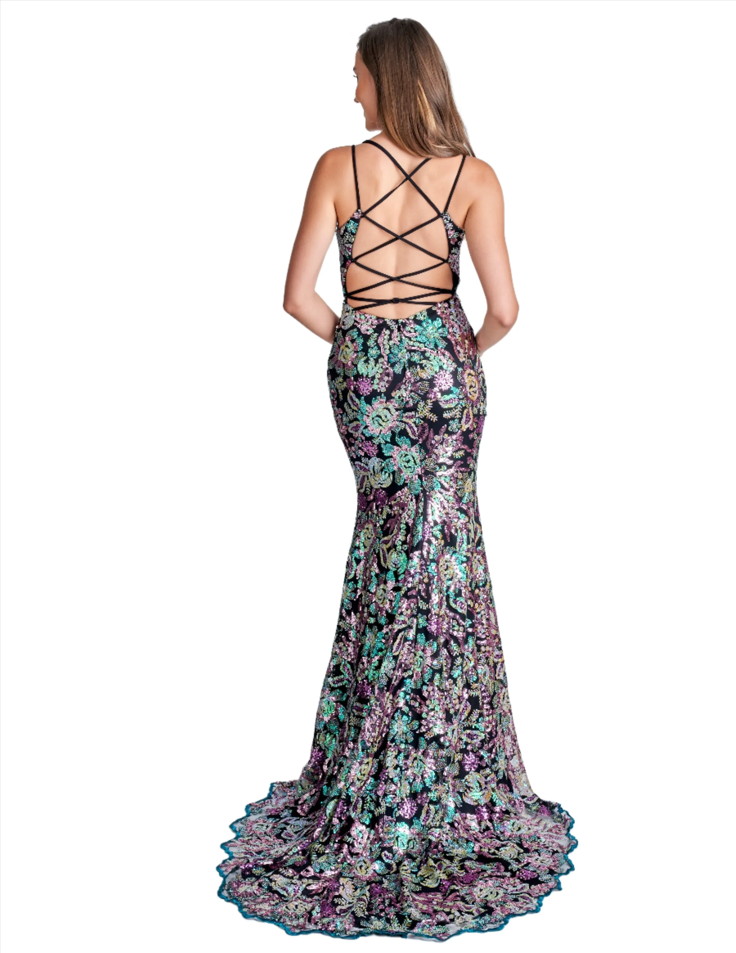 Nina Canacci 2382 Sequin Print Formal Prom Dress Backless Corset V Neck Evening Gown