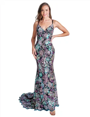 Nina Canacci 2382 Sequin Print Formal Prom Dress Backless Corset V Neck Evening Gown