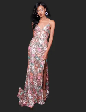 Nina Canacci 2393 Sequin Floral Prom Dress Backless Formal Guest Evening Gown Fitted V Neck