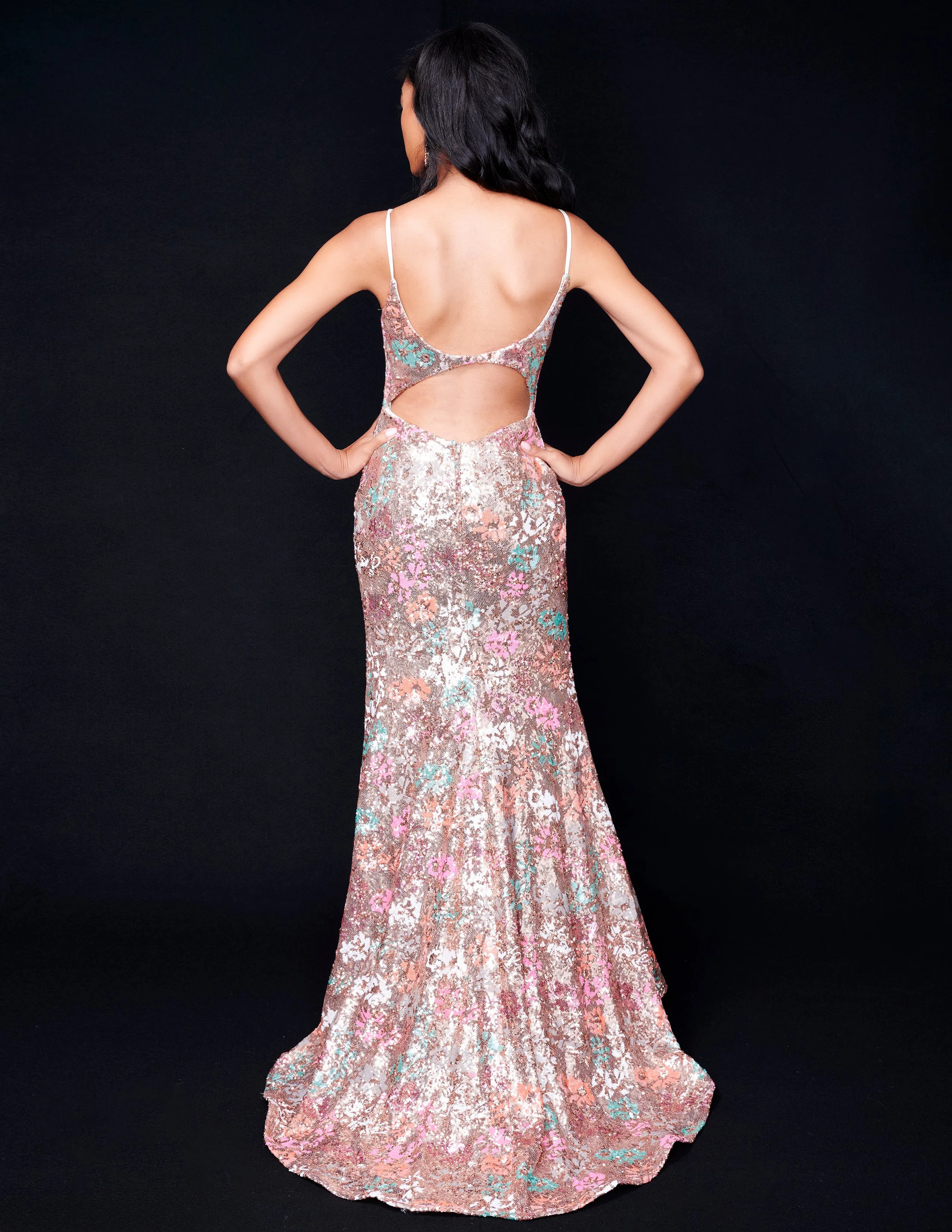 Nina Canacci 2393 Sequin Floral Prom Dress Backless Formal Guest Evening Gown Fitted V Neck
