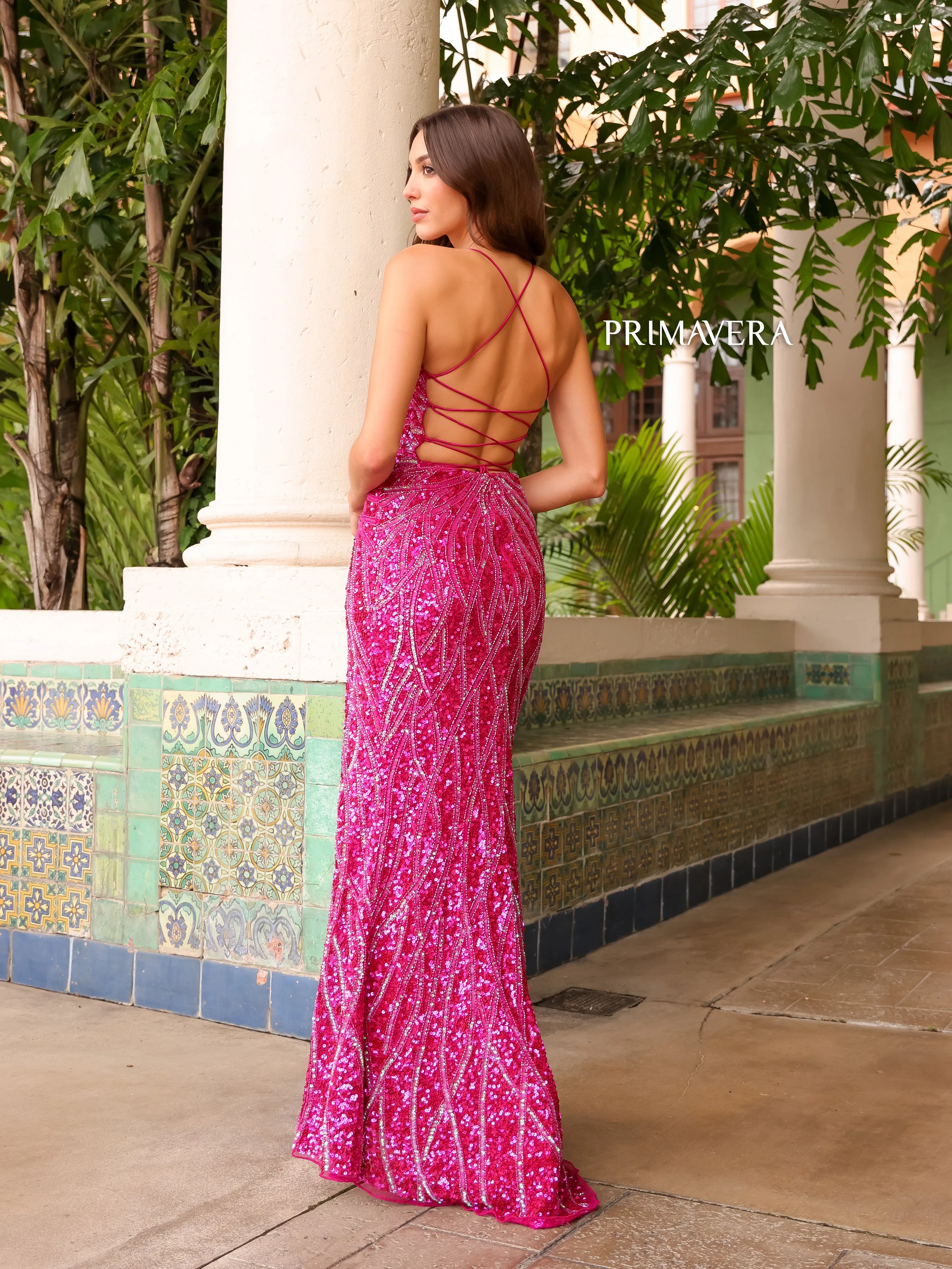 Primavera Couture 3959 Size 14 Fuchsia Sequin Scoop neck Prom Dress Backless Corset Slit Formal Gown