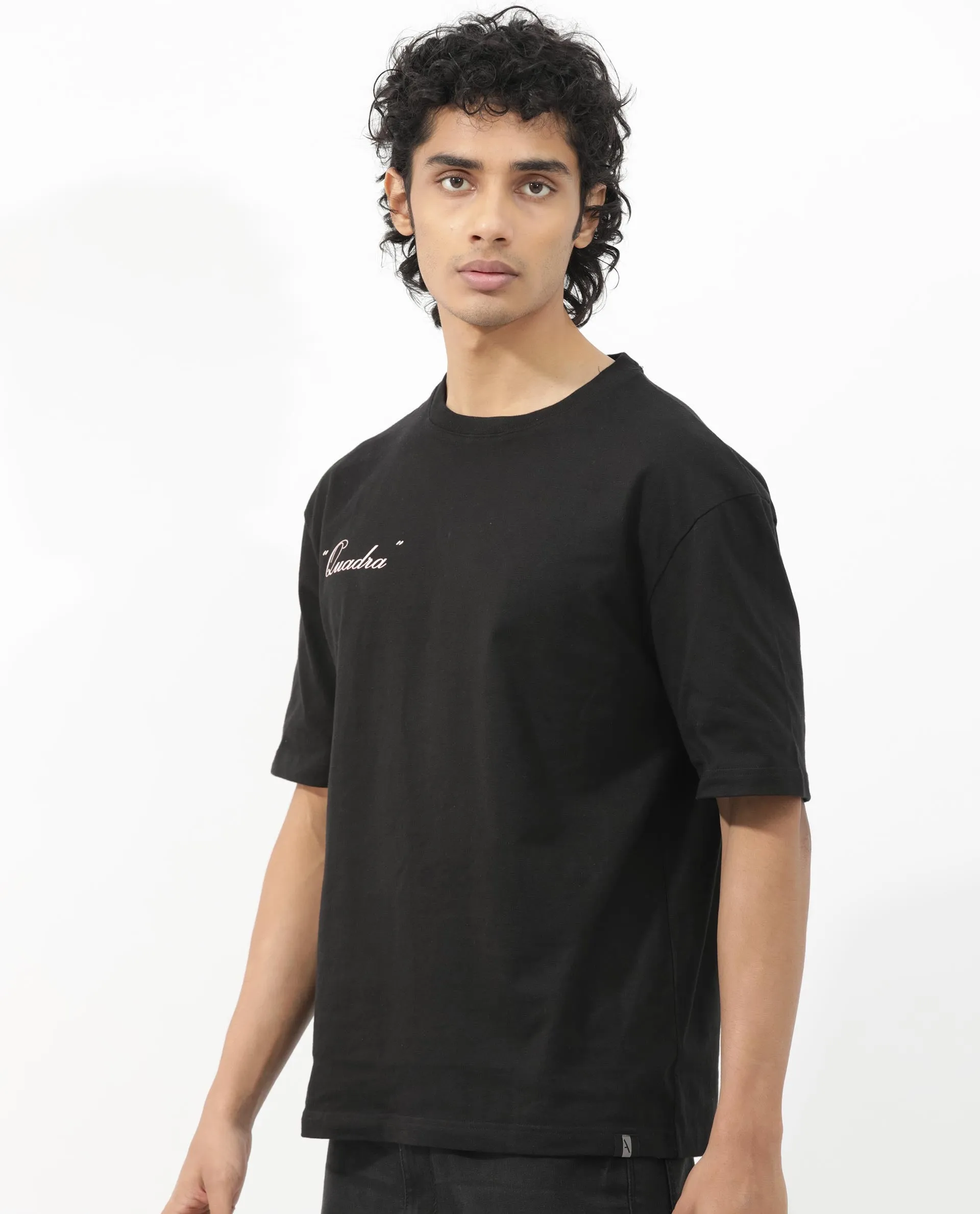 Rare Rabbit Articale Men's Holt Black Cotton Polyester Fabric Crew Neck Oversized Fit Graphic Print T-Shirt