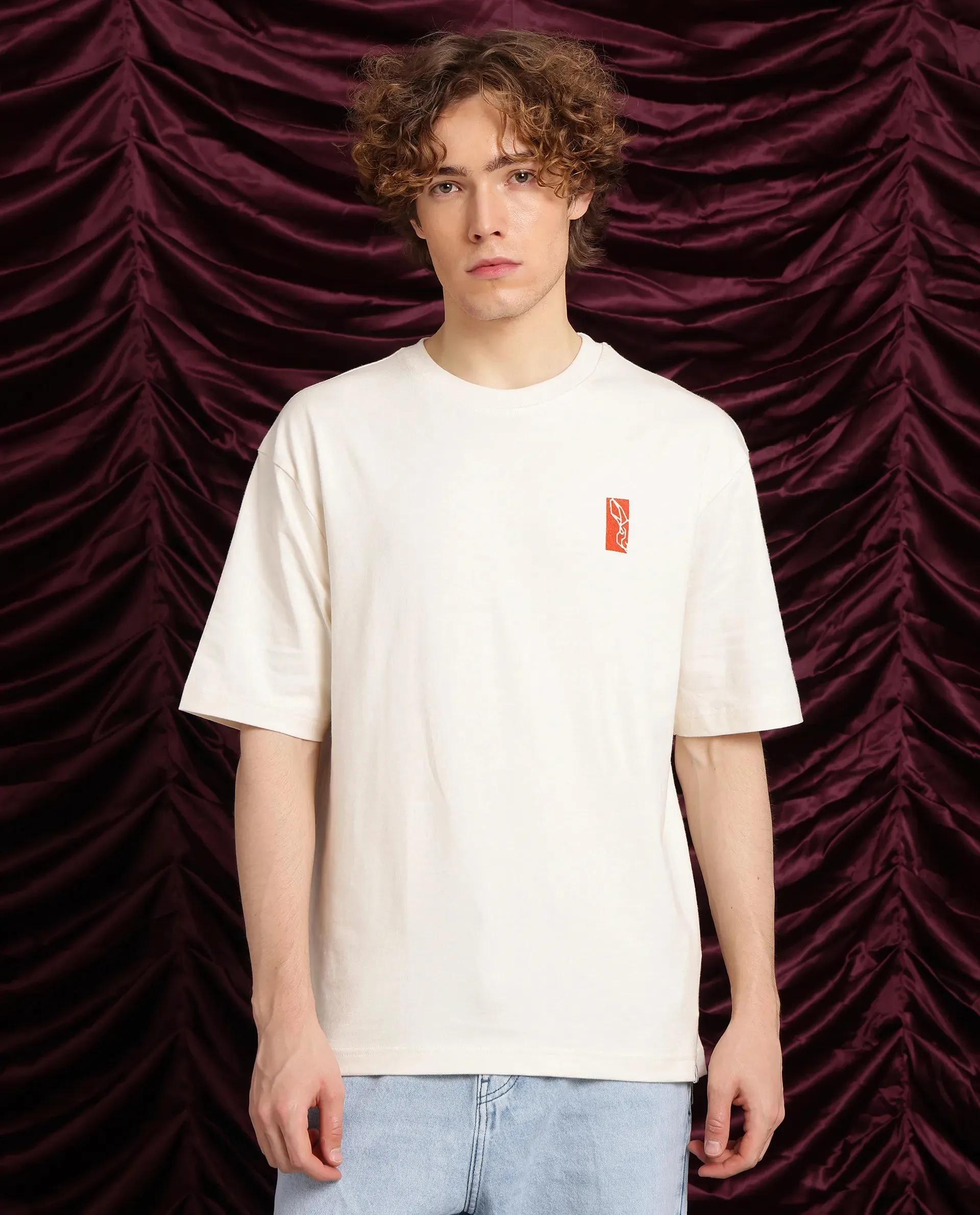 Rare Rabbit Men Hord Off White Cotton Fabric Short Sleeve Crew Neck Oversized Fit Graphic Back Print T-Shirt