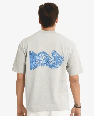 Rare Rabbit Men Ight Melange Grey Cotton Fabric Short Sleeve Crew Neck Oversized Fit Graphic Back Print T-Shirt