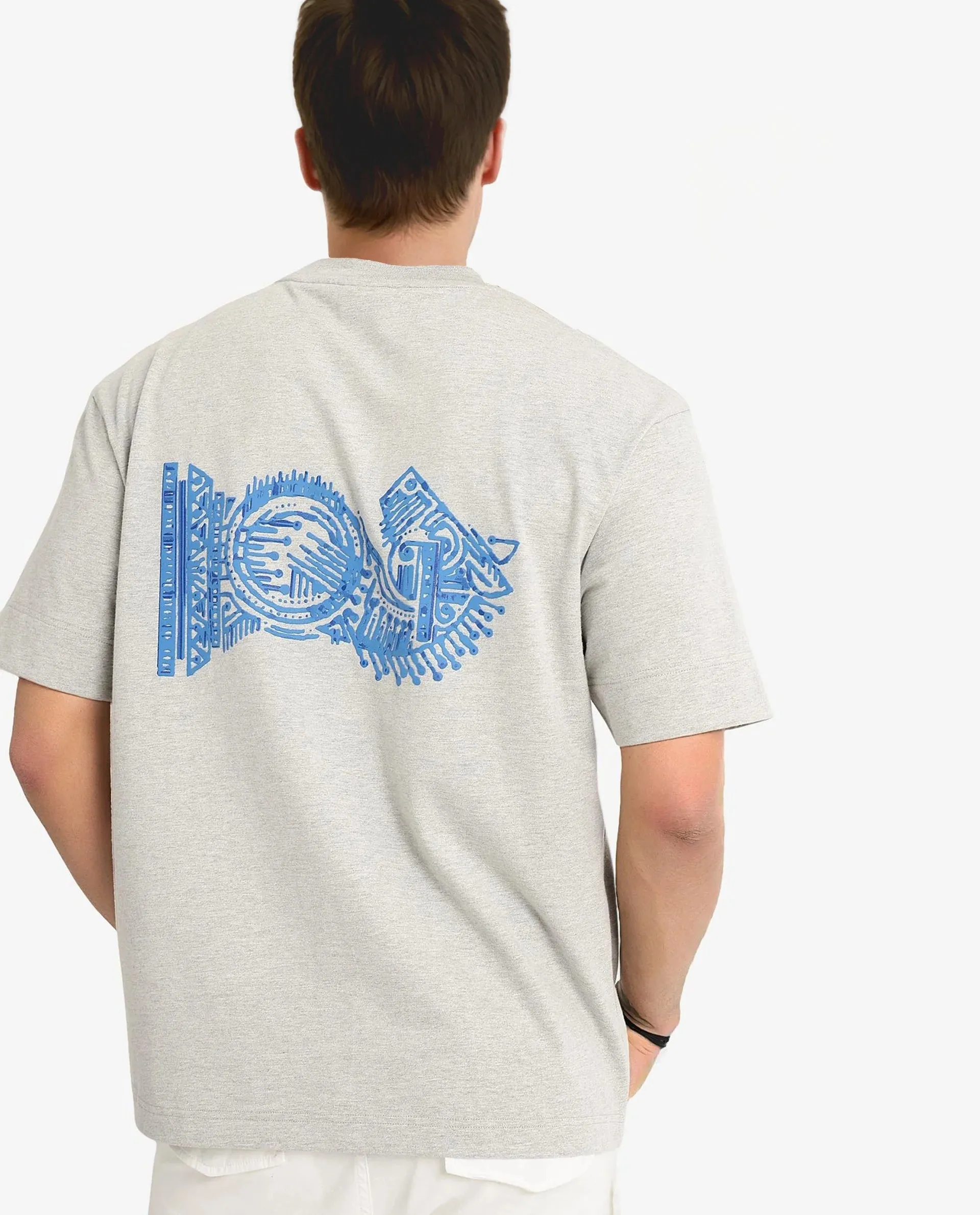 Rare Rabbit Men Ight Melange Grey Cotton Fabric Short Sleeve Crew Neck Oversized Fit Graphic Back Print T-Shirt
