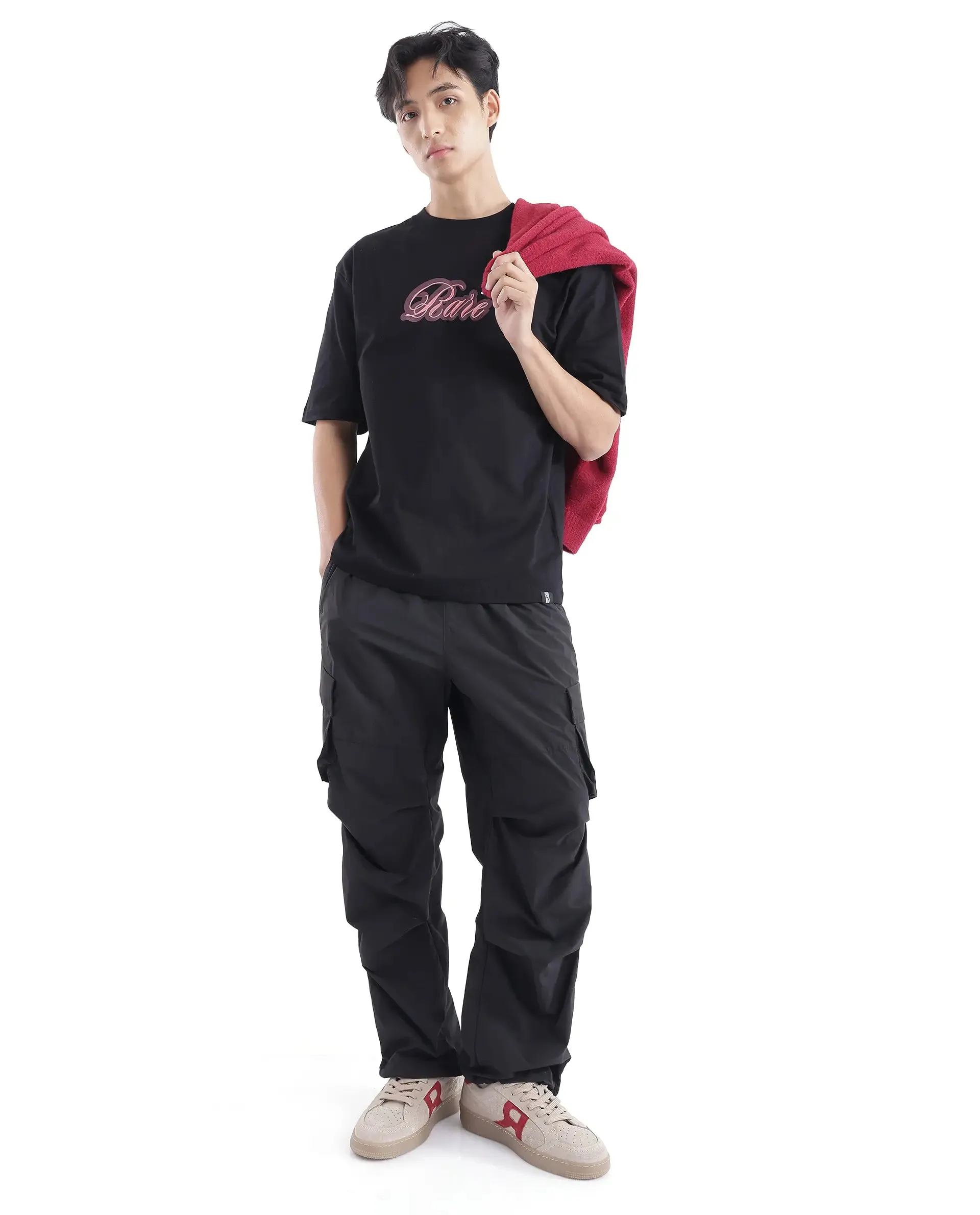 Rare Rabbit Men Kenzo Black Cotton Fabric Short Sleeve Crew Neck Oversized Fit Embroidered T-Shirt