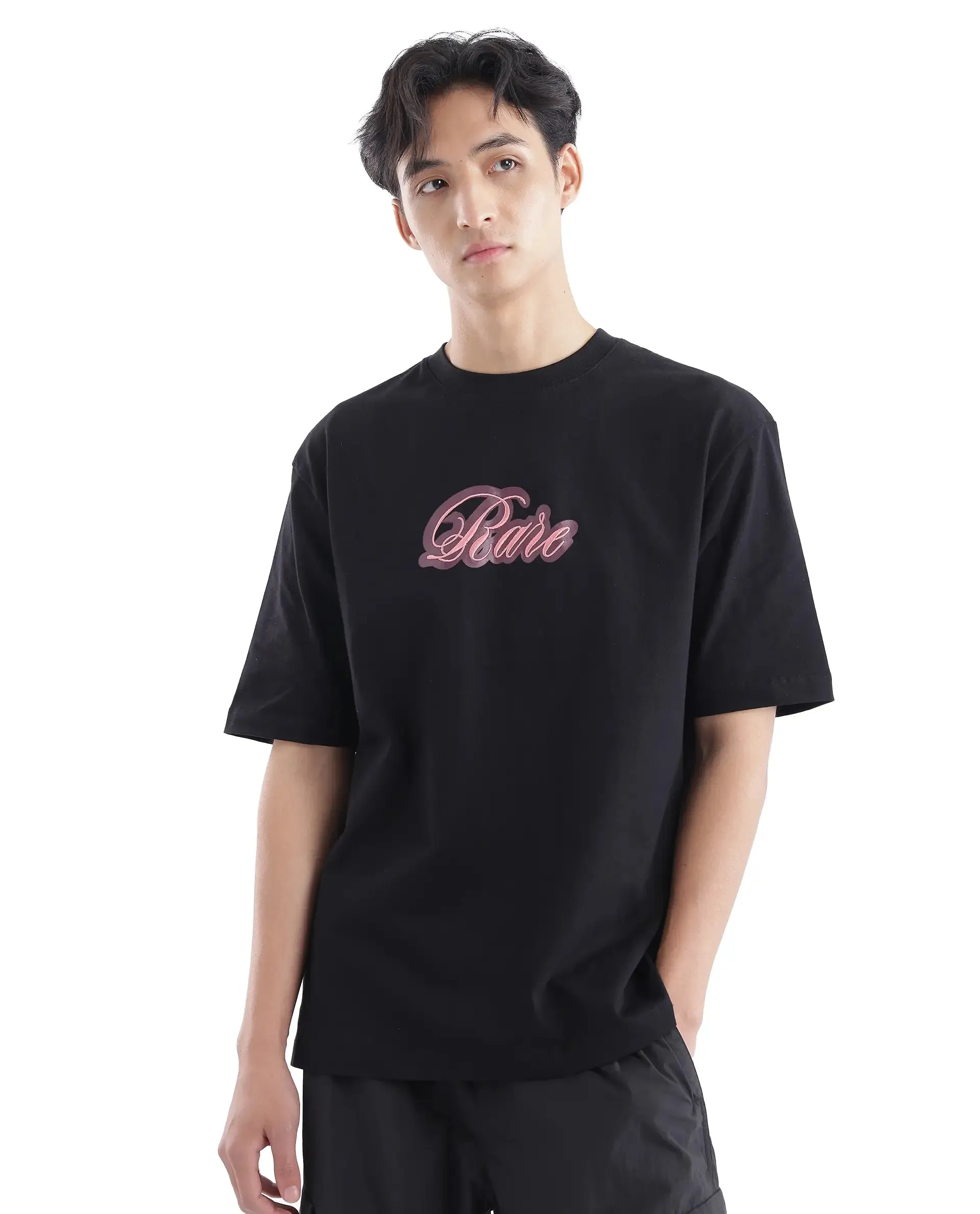 Rare Rabbit Men Kenzo Black Cotton Fabric Short Sleeve Crew Neck Oversized Fit Embroidered T-Shirt
