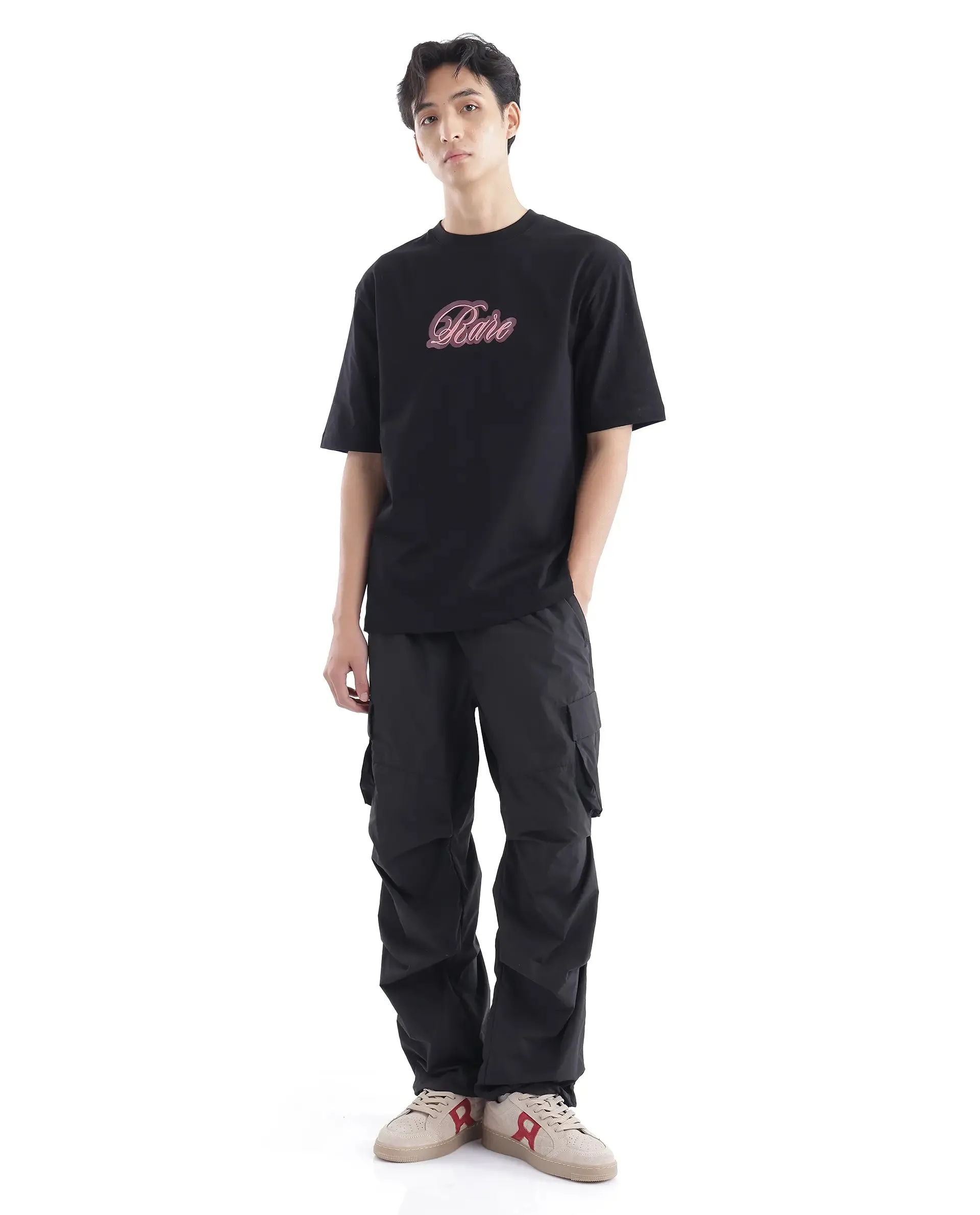 Rare Rabbit Men Kenzo Black Cotton Fabric Short Sleeve Crew Neck Oversized Fit Embroidered T-Shirt