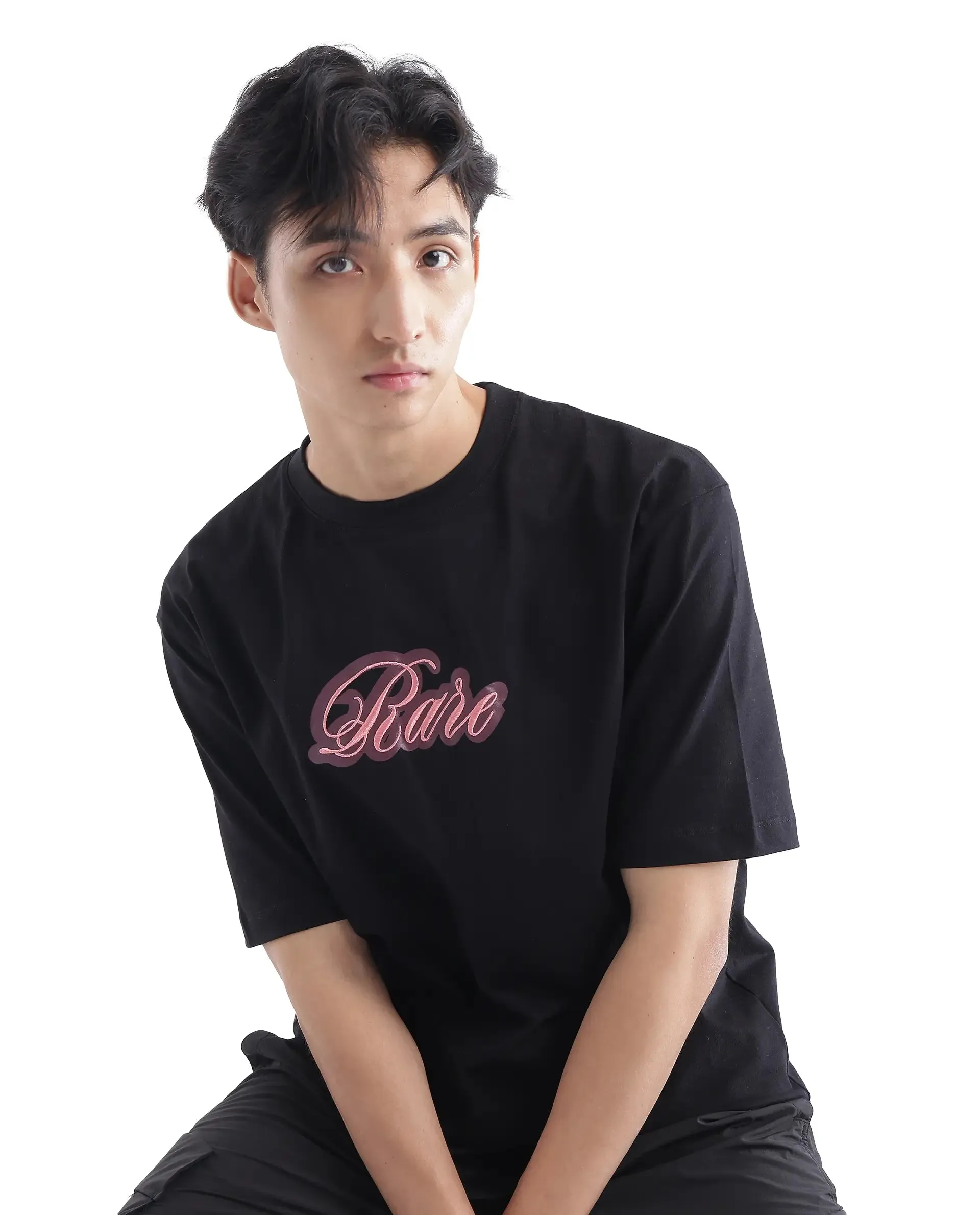 Rare Rabbit Men Kenzo Black Cotton Fabric Short Sleeve Crew Neck Oversized Fit Embroidered T-Shirt