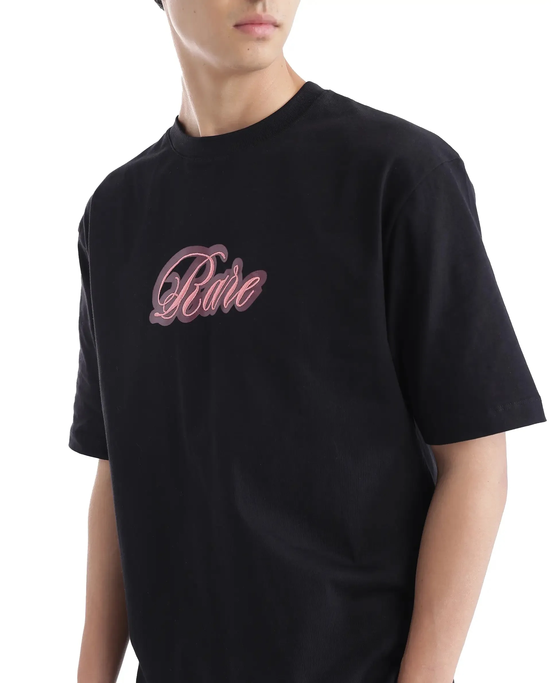 Rare Rabbit Men Kenzo Black Cotton Fabric Short Sleeve Crew Neck Oversized Fit Embroidered T-Shirt