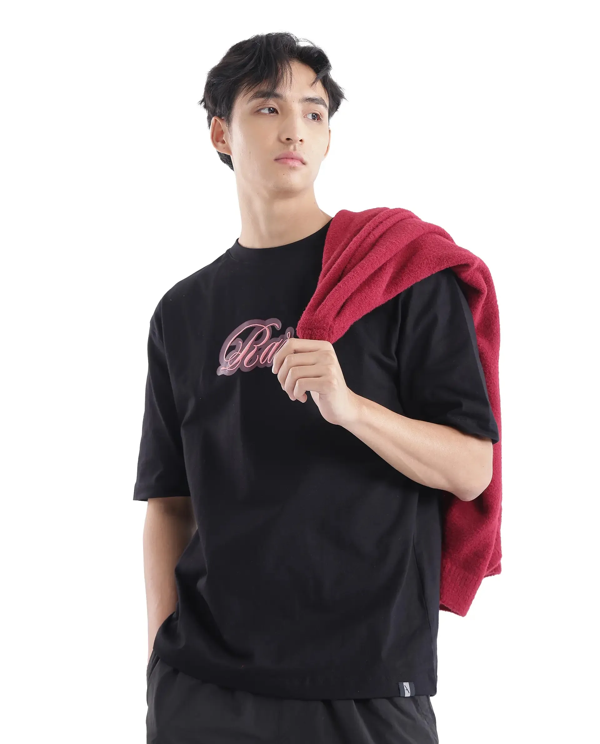 Rare Rabbit Men Kenzo Black Cotton Fabric Short Sleeve Crew Neck Oversized Fit Embroidered T-Shirt