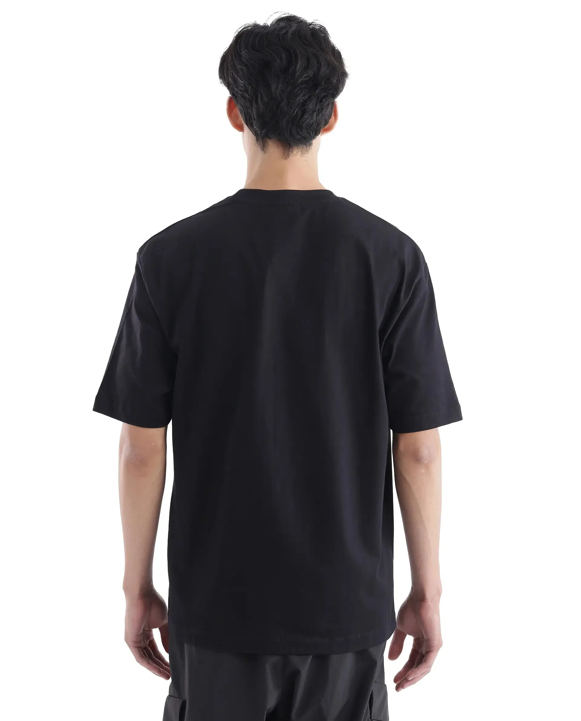 Rare Rabbit Men Kenzo Black Cotton Fabric Short Sleeve Crew Neck Oversized Fit Embroidered T-Shirt