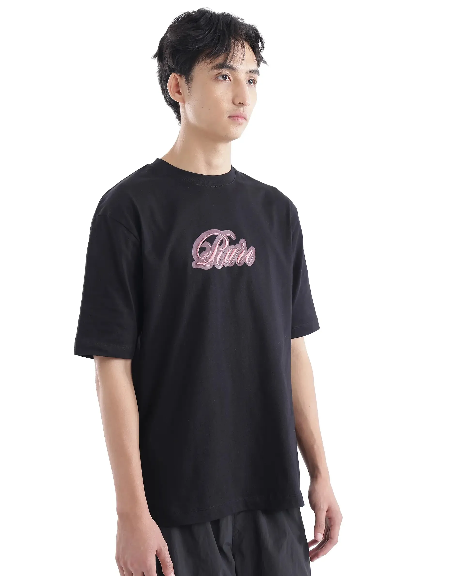 Rare Rabbit Men Kenzo Black Cotton Fabric Short Sleeve Crew Neck Oversized Fit Embroidered T-Shirt