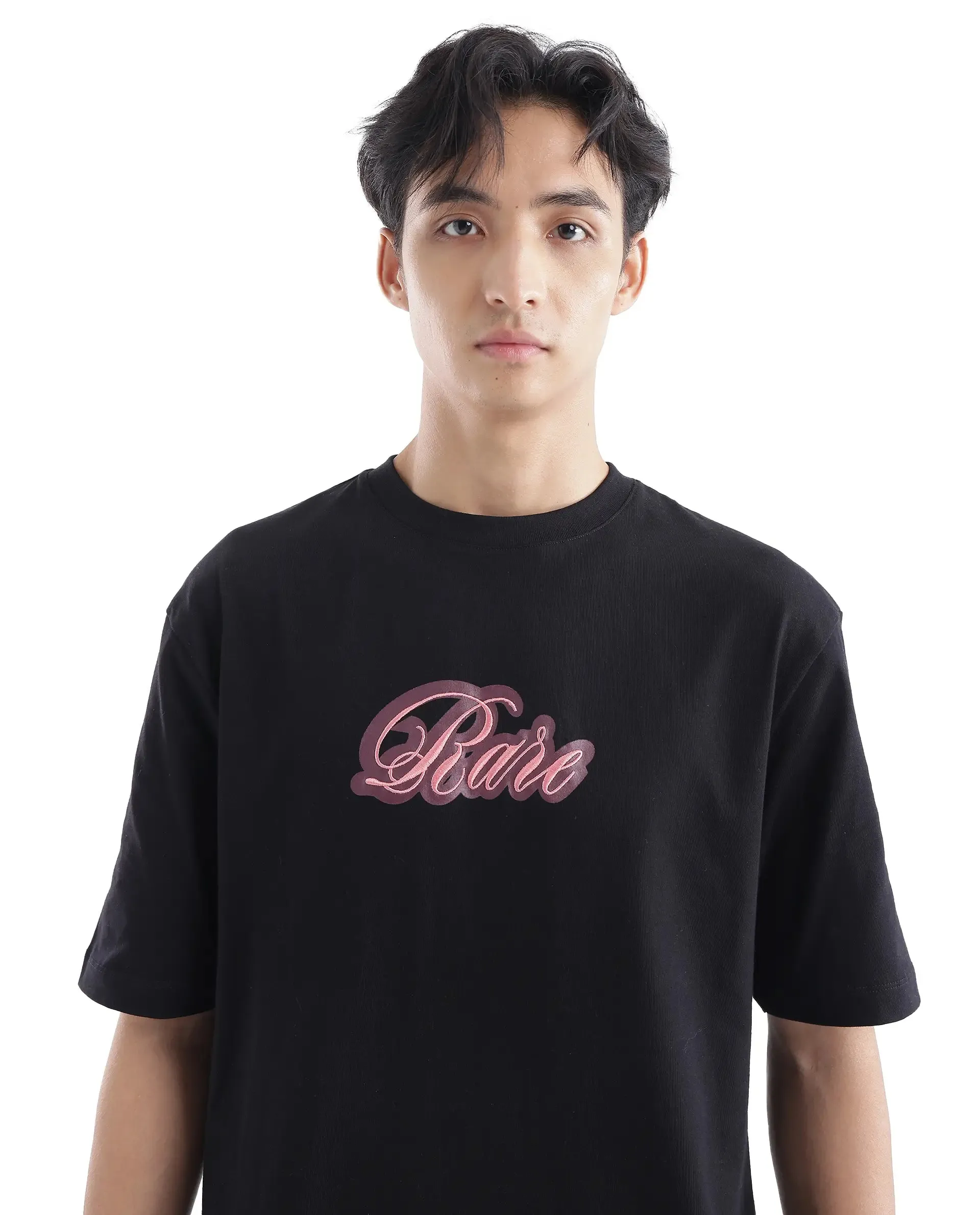 Rare Rabbit Men Kenzo Black Cotton Fabric Short Sleeve Crew Neck Oversized Fit Embroidered T-Shirt