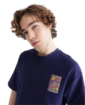 Rare Rabbit Men Oxo Dark Blue Cotton Fabric Short Sleeve Crew Neck Embroidered T-Shirt